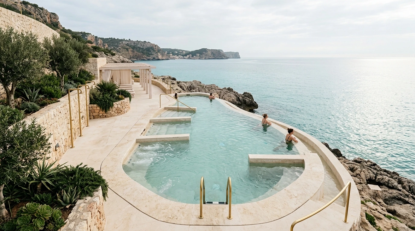 Bassin de thalasso en bord de mer, lumière douce