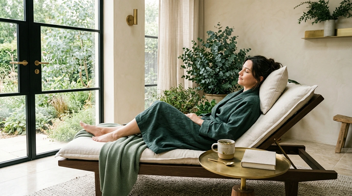 Personne en peignoir au repos, espace de relaxation lumineux