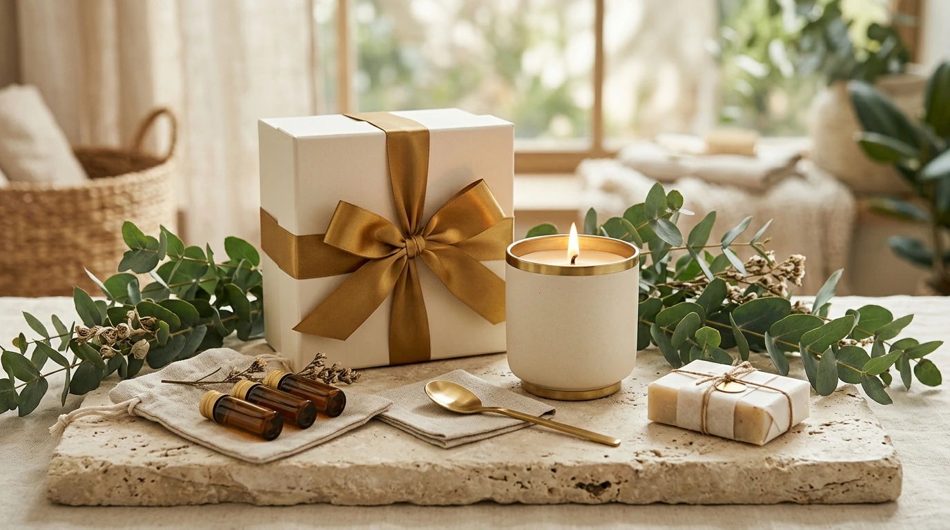 Coffret cadeau bien-être élégant sur fond minéral