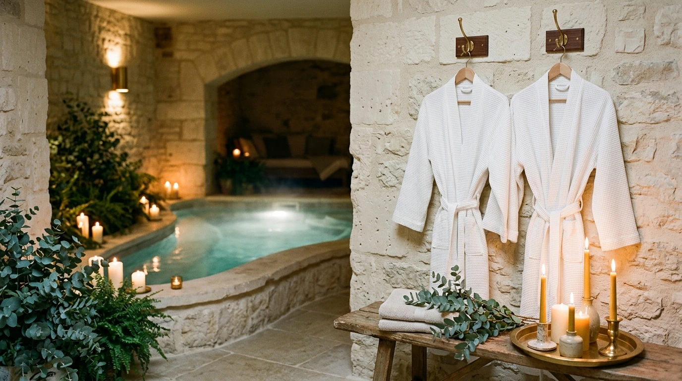 Ambiance spa pour deux, deux peignoirs et bougies